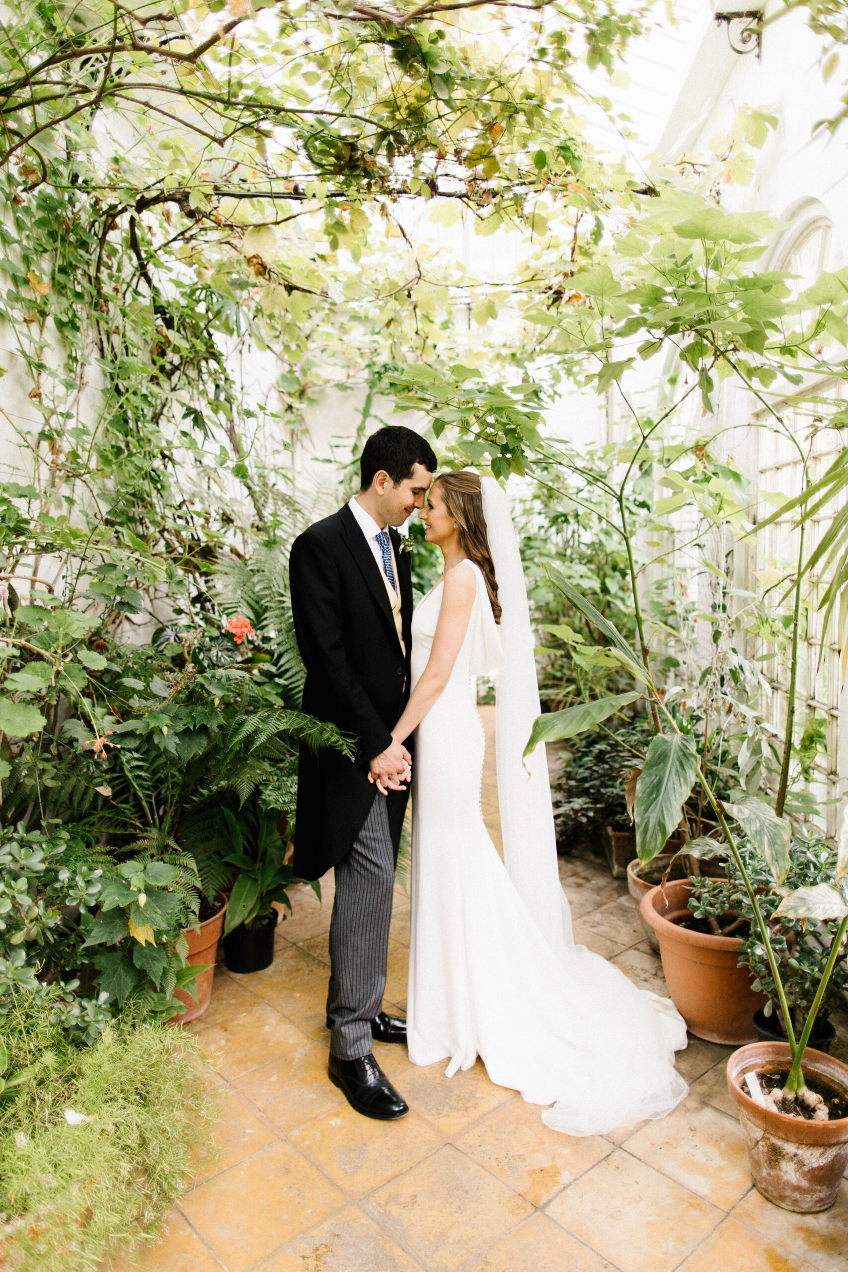 Bride and groom portrait surrounded by greenery indoors at a south west wedding venue called Mapperton House